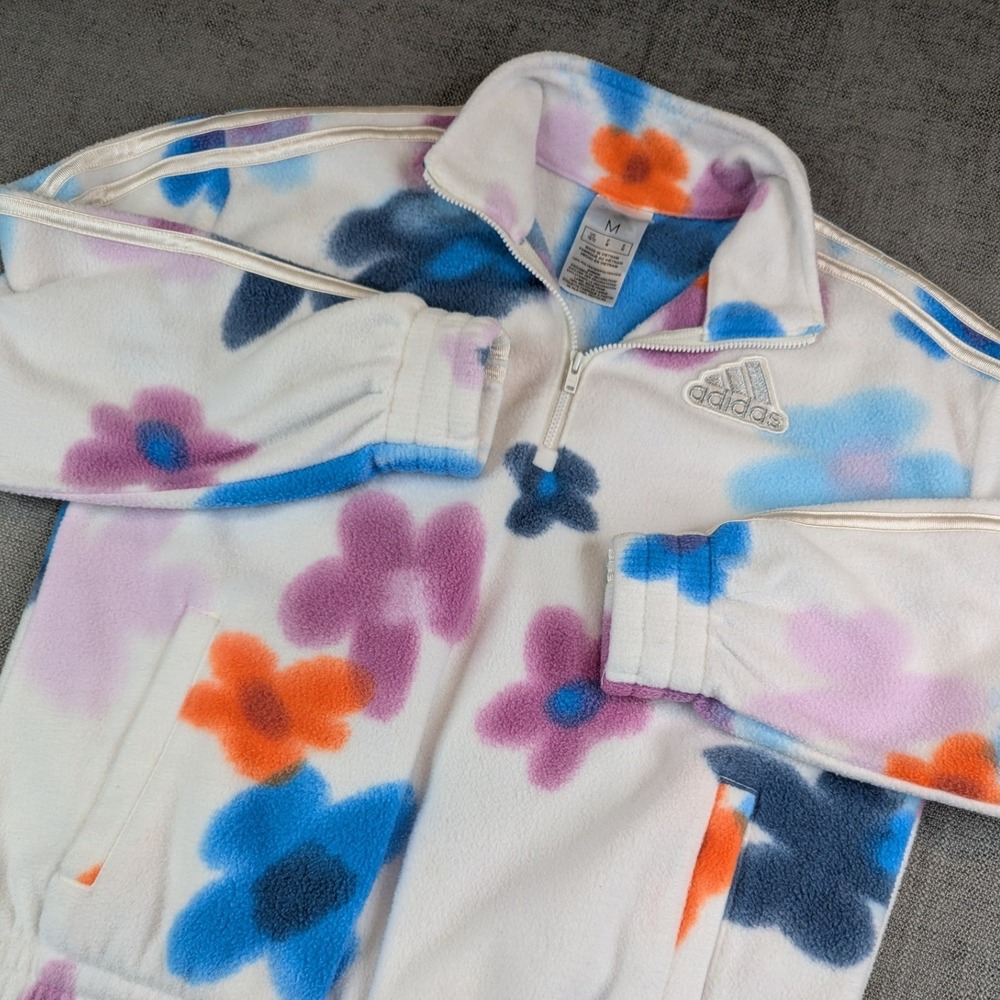 Adidas Sweater Kid M 10/12 White Floral 1/4 Zip Loose Fit Jacket Fleece Pullover